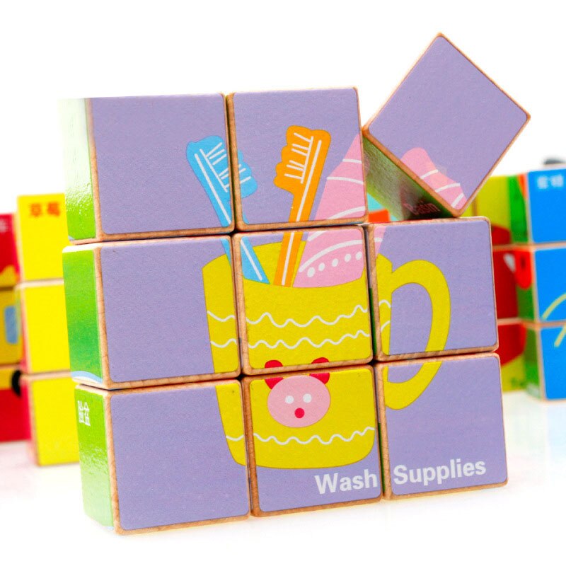 Wooden 3D Jigsaw Toy Animal Fruit Six-Sided Pattern Building Block Kindergarten Interactive Game Children Baby Educational Toys