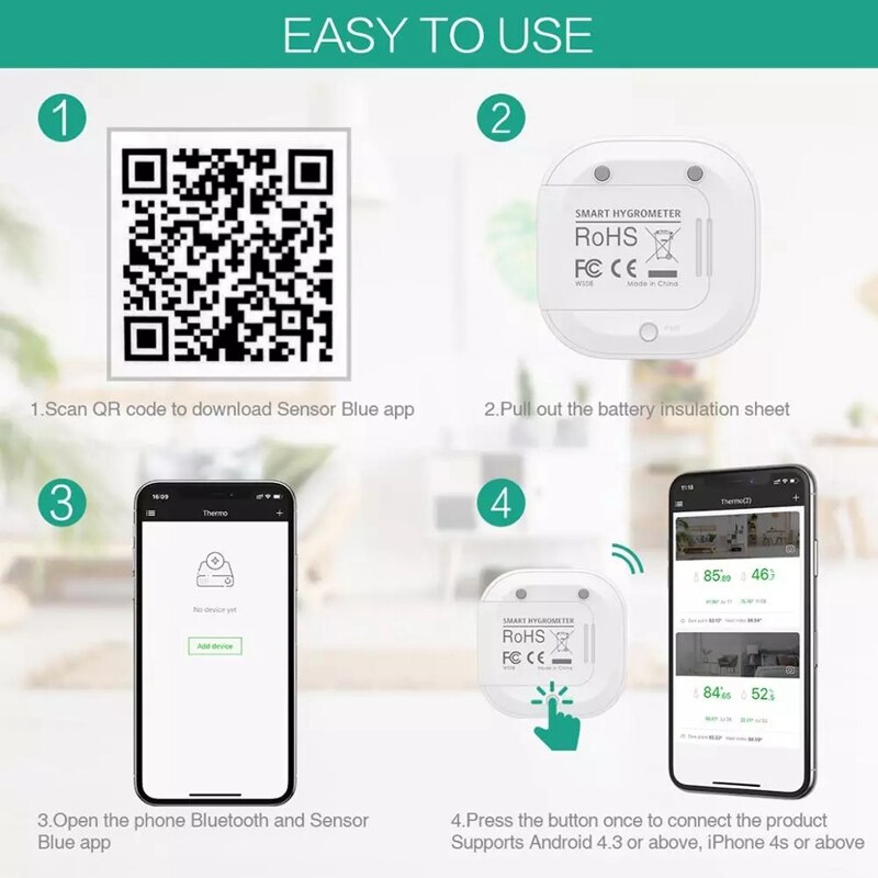 Wireless Thermometer Hygrometer Mini Bluetooth 5.0 Humidity Temperature Sensor Alert Build-in Magnet for House