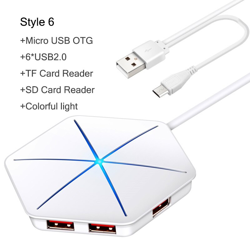 Répartiteur OTG 6 ports USB Hub, 7 modèles, avec lecteur de carte SD TF, lumière RGB Cool, USB 2.0 3.0, pour ordinateur de bureau et portable: S6 White USB Reader