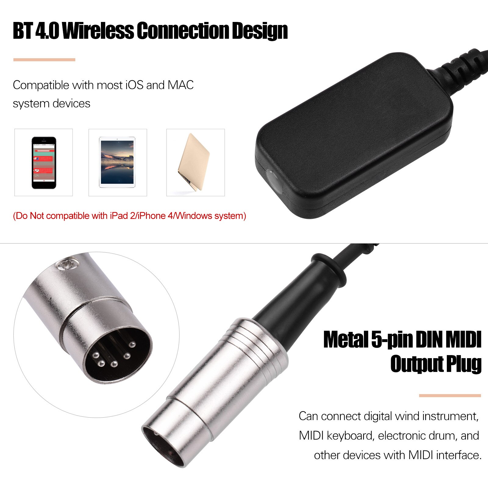 Wireless MIDI Connector Adapter BT Connection Converter with 5-PIN DIN MIDI Output Plug Compatible with MIDI Keyboard Piano