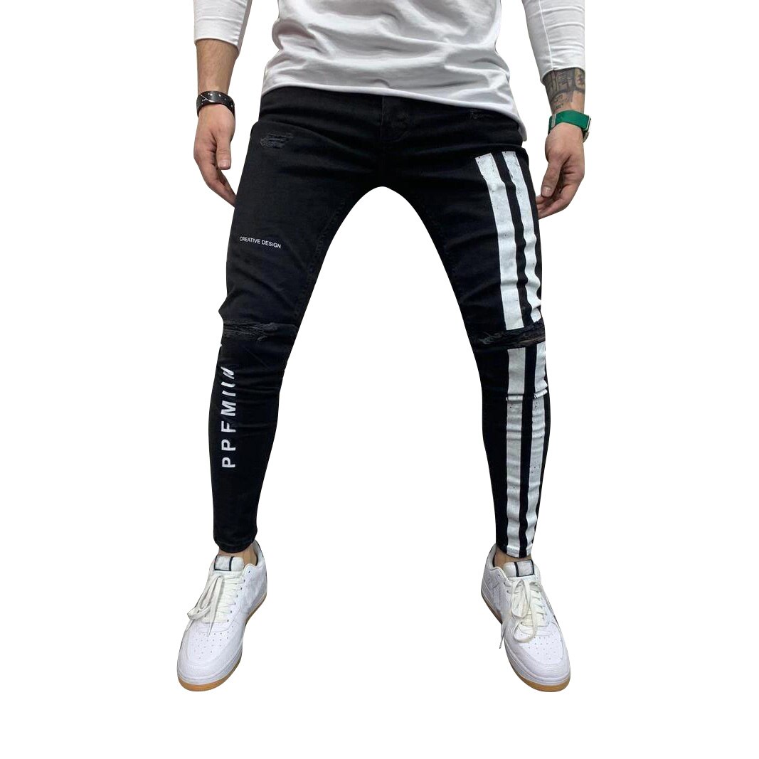 De los hombres flacos Biker vaquera lado rayas Hombre Vaqueros pantalones con rasgado destruido agujero rayado cremallera Slim pantalones D30: Black / S