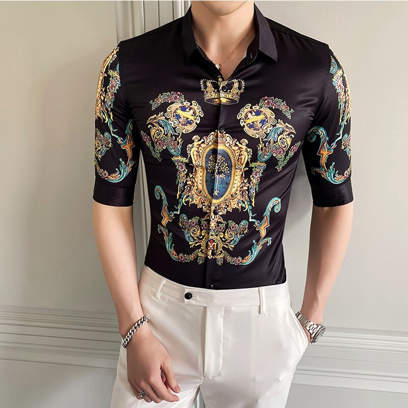 Skjorte med blomstertrykk tilfeldig slank passe luksusskjorte herre merke hvit svart halvermet sosiale skjorter herre pluss størrelse m -4xl