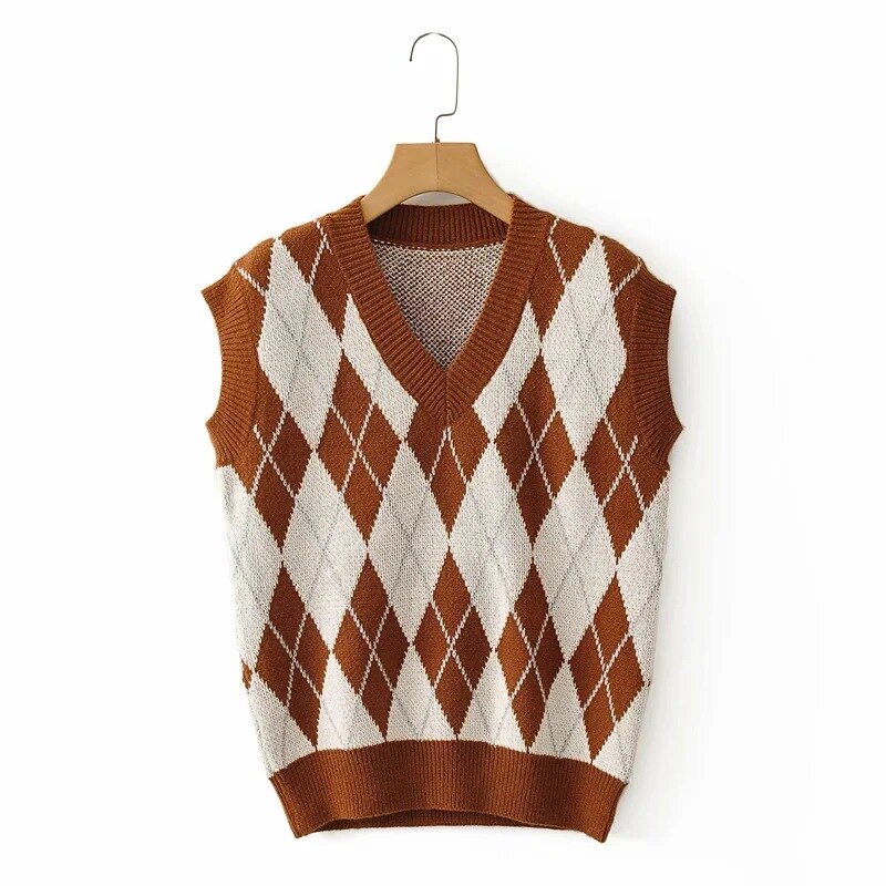 Casual Argyle Cropped Sweater Vest Women Sleeveless Knitted Pullover Ladies V Neck Preppy Style Plaid Tank Jumpers Autumn Winter: B