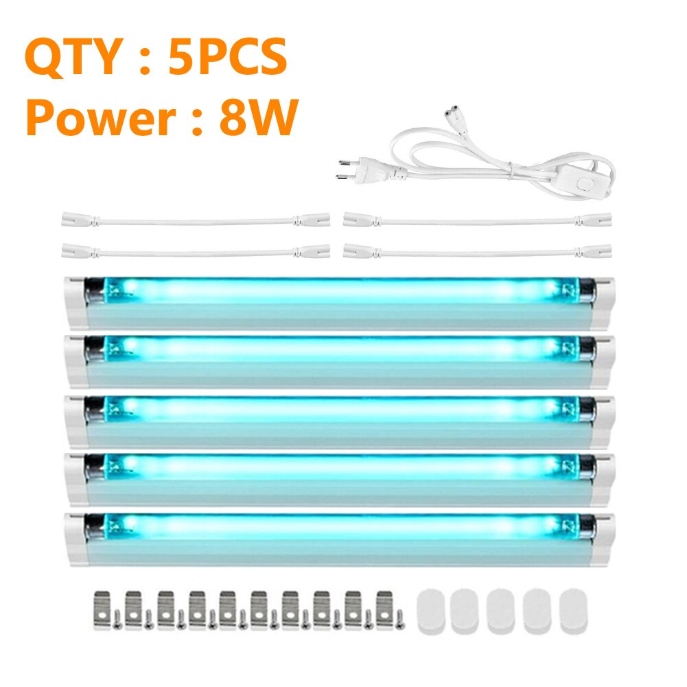 UVC Disinfection Lights Tube UV Ozone Germicidal Lamp T5 Tube Kill Dust Mite Ultraviolet Sterilizer Bulbs 6W 8W EU Plug 220V: 5x8Wx1xEUx4xCable