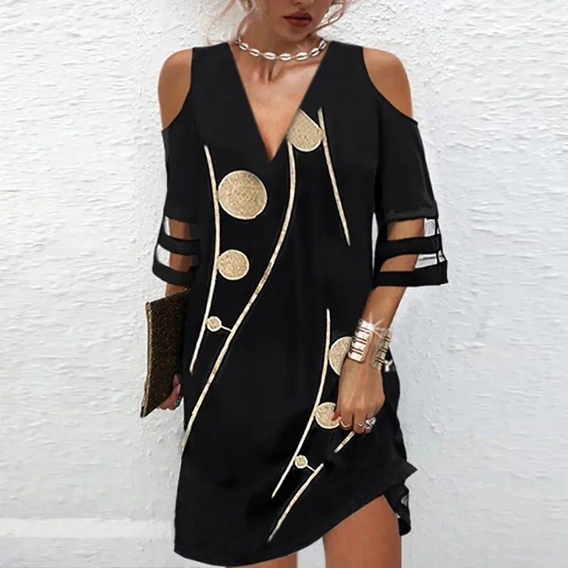 Frauen Weg Von Der Schulter Kleider Mesh Spleißen Halbe Hülse V-ausschnitt Pullover Kleid Eleganten Druck Weibliche Büro Pendler Kleid: XXXL / Armee Grün