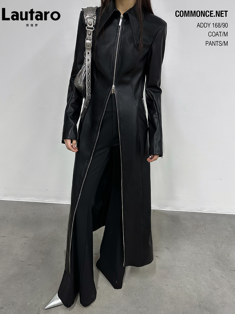 Lautaro primavera autunno Extra lungo di lusso nero morbido soprabito in pelle Pu per le donne con cerniera Cool Runway moda europea 2023