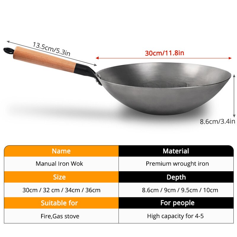Fypo Iron Wok Nonstick Wok Kitchen Cooking Pot Traditional Handmade Wok Detachable Wooden Handle Gas Cookware Kitchen Utensils
