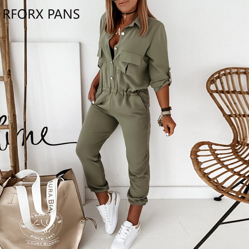 Solid Lange Mouwen Elastische Taille Jumpsuit Office Lady Casual Look Voor Vrouwen