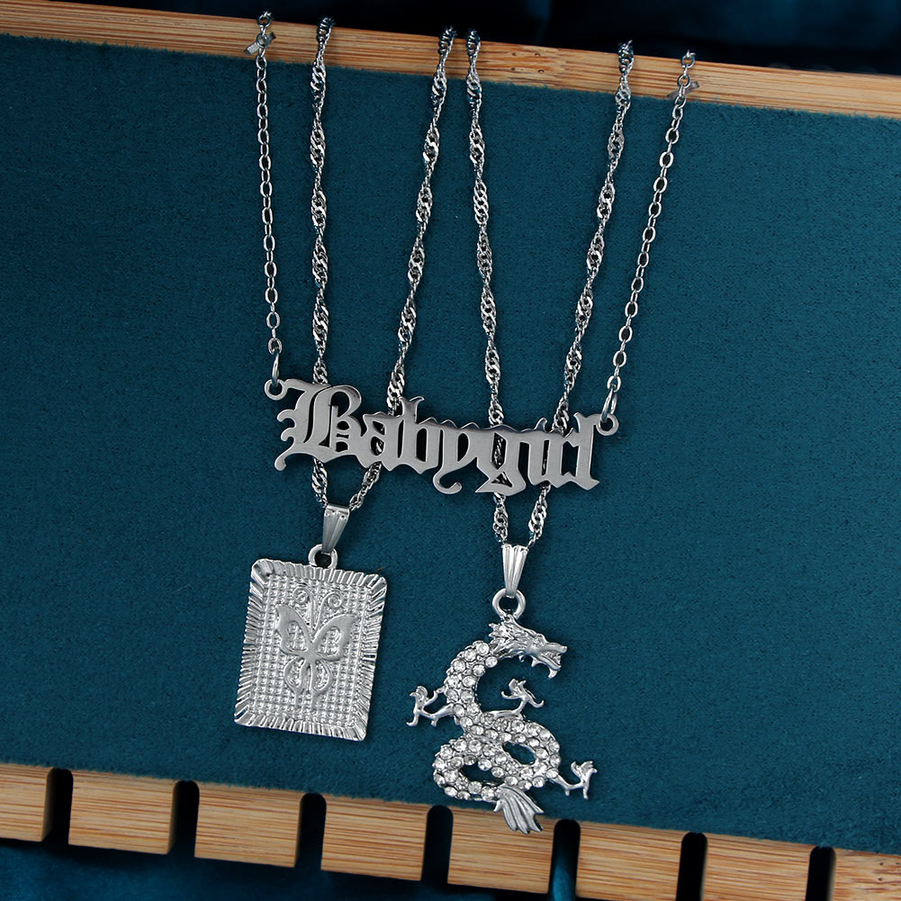 Flatfoosie Hip-hop Silver Color Babygirl Letter Pendant Necklace for Women Punk Crystal Dragon Twist Chain Necklace Jewelry