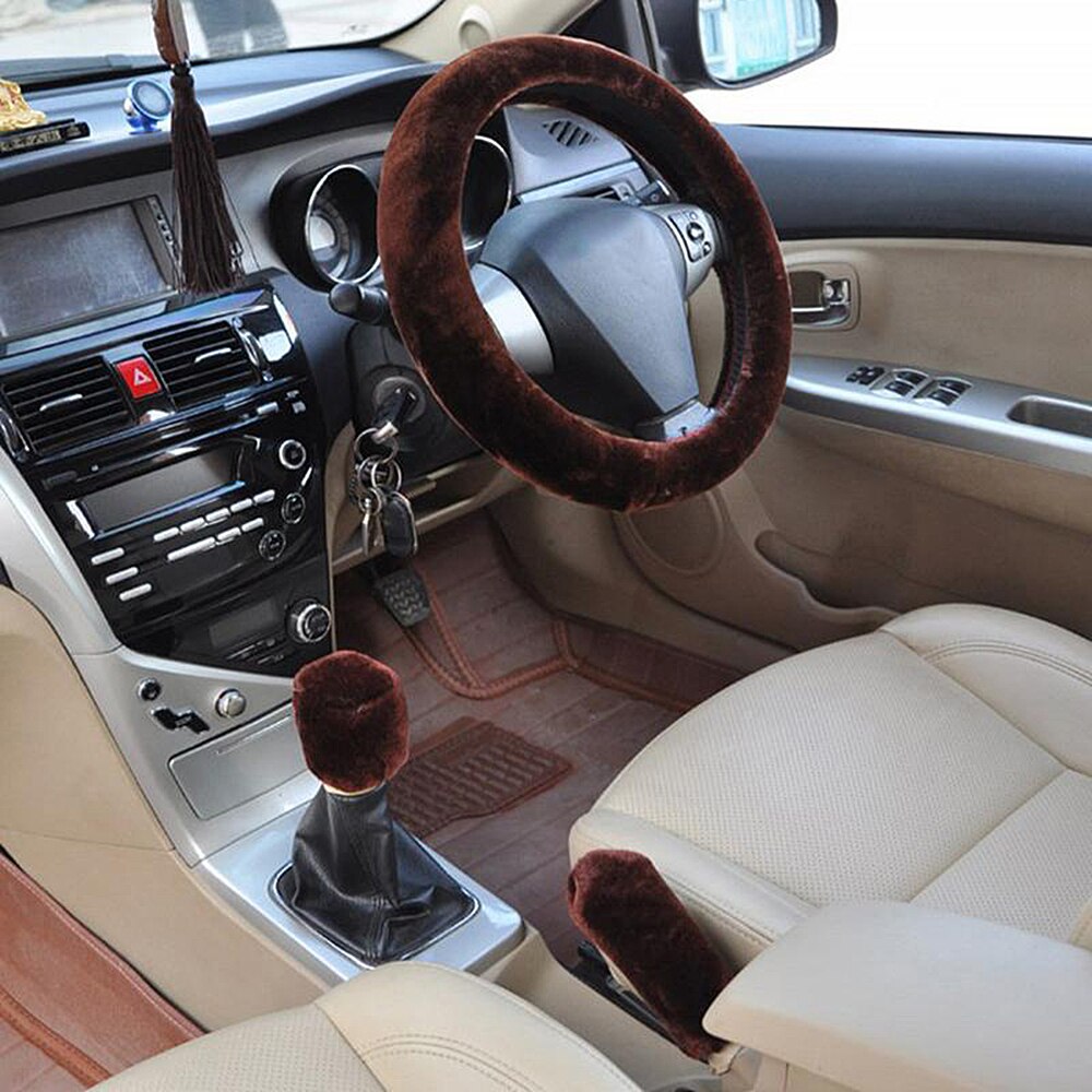 Funda de volante Universal de felpa de de coche, traje de tres piezas de felpa cálida de invierno, accesorios para coche peludos: Marrón