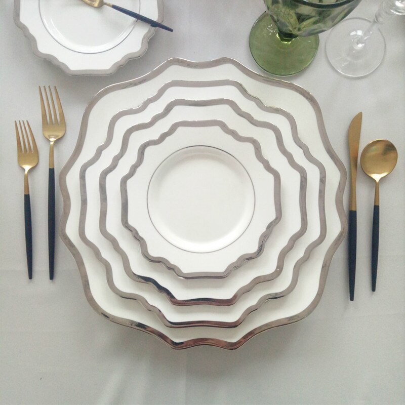 Sunflower Ceramic Dinner Plates Wedding Party Dishes Pure White Golden Edge Tableware for Girls Dessert Plate Serving Tray