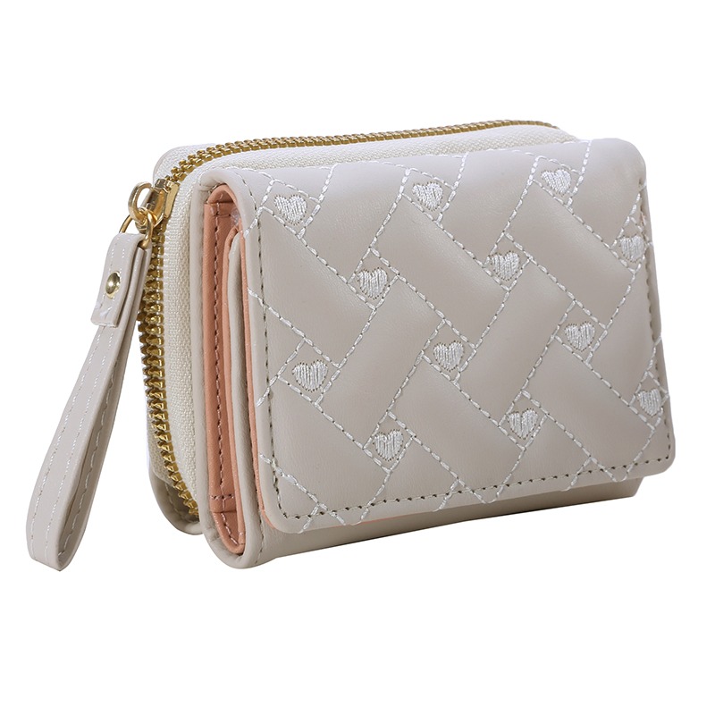 Portefeuilles Voor Vrouwen Mode Pu Lederen Geborduurde Liefde Tri-Fold Kleine Portemonnee Kawaii Schattige Kaarthouder Multi-Card Slot Muntportemonnees: Paars