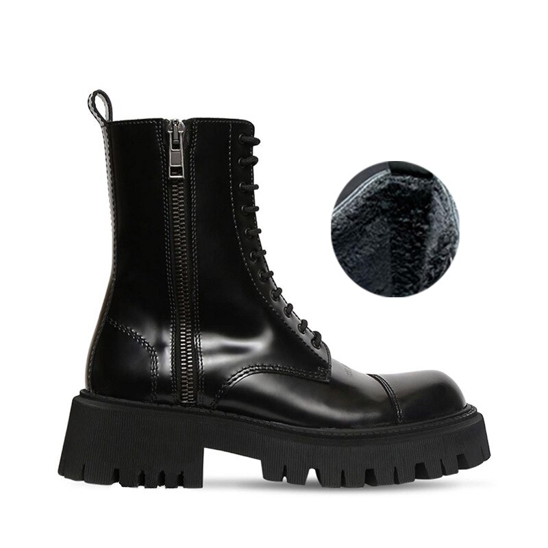 2020 plataforma chunky ankle boots feminino lado zíper rendas-up botas curtas mulheres design da marca estilo rua botas de motocicleta mujer: Black Winter Boots / 4