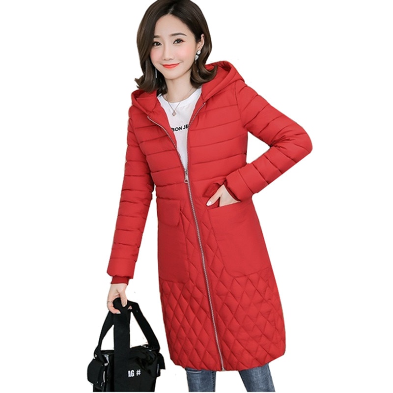 Plus size parkas dam vinterjacka med luva slim down bomull stor ficka lång kappa solid casual kvinnlig varma ytterkläder
