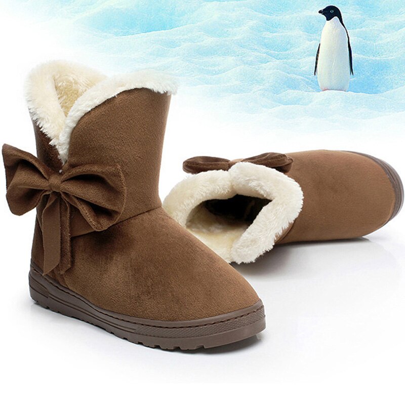 femmes bottes de neige hiver fourrure bottines femme noeud papillon plus en peluche daim caoutchouc plat sans lacet plate-forme dames chaussures
