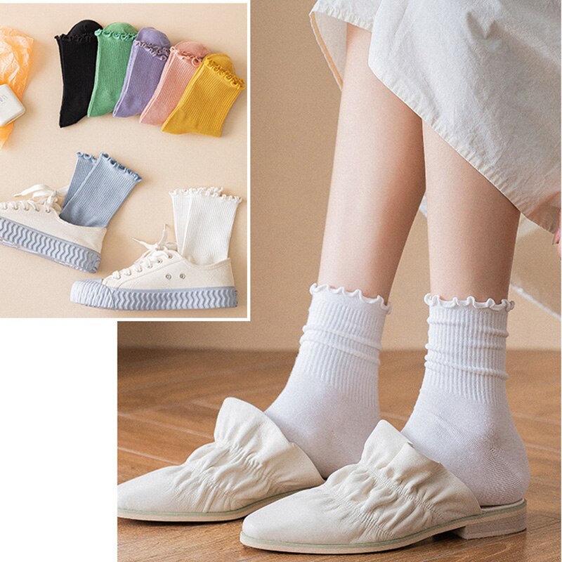 5 Pairs Women Cotton Ruffle Frilly Socks Black White Cute Autumn Winter Socks Solid color Soft Happy Girl Socks