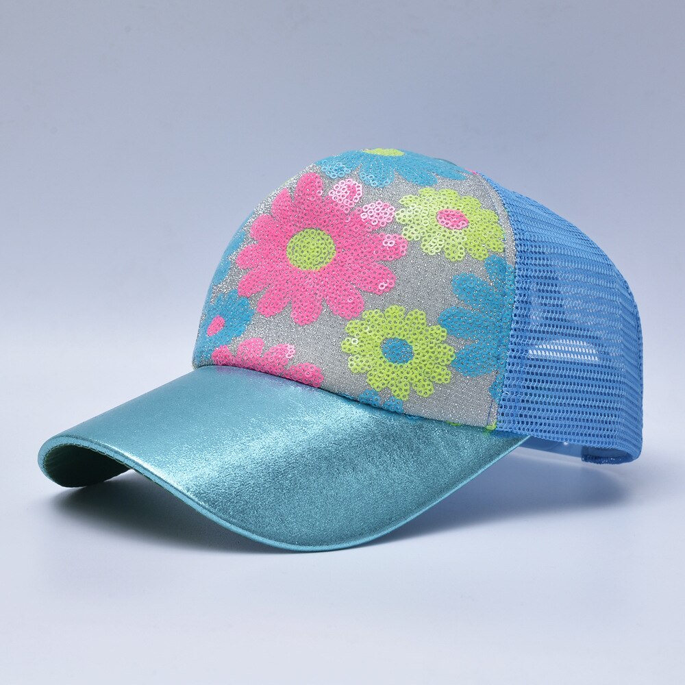 Lastebil lue sommer dame taiyanghua baseball caps ungdom hip hop hip hop lue paljett casquette utendørs pustende nett cap: Himmelblå