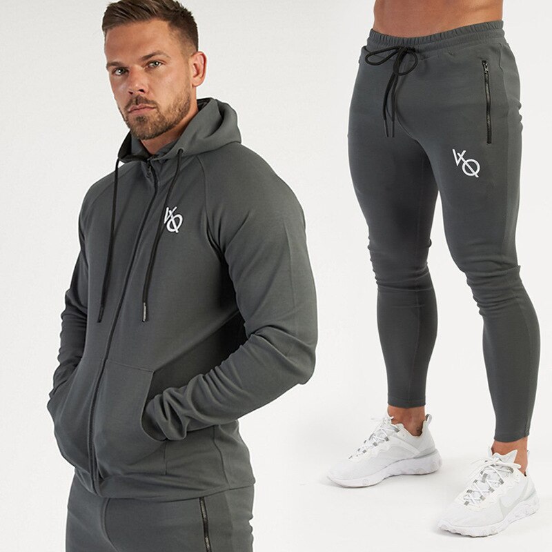 Heren Jogging Trainingspak Running Sportkleding Set Sport Hooded + Gym Broek Pak Fitness Jogger Pak Mannelijke Workout Kleding Outfits: grey set / M