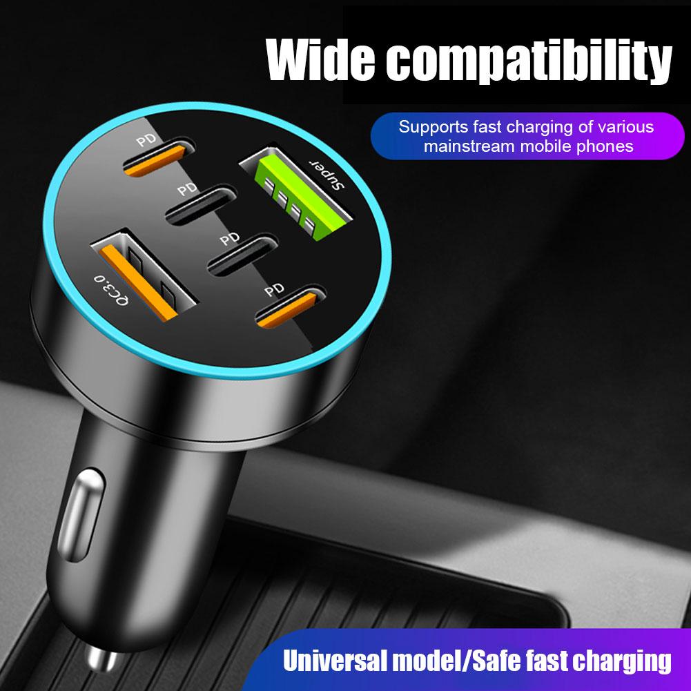 Cargador rápido para coche con pantalla Digital, 6 puertos, 4 A + 2 USB tipo C, 66W, carga rápida para Xiaomi, IPhone y