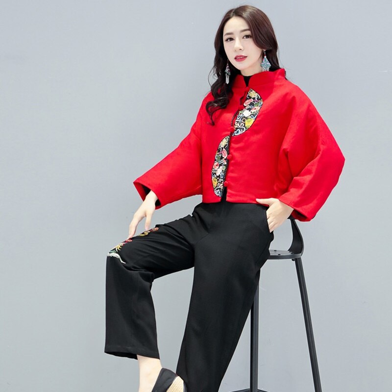 Ropa de estilo chino para mujeres, chaqueta Retro con bordado rojo, chaqueta femenina, blusa Ethinc, Tops chinos para mujeres FF2540