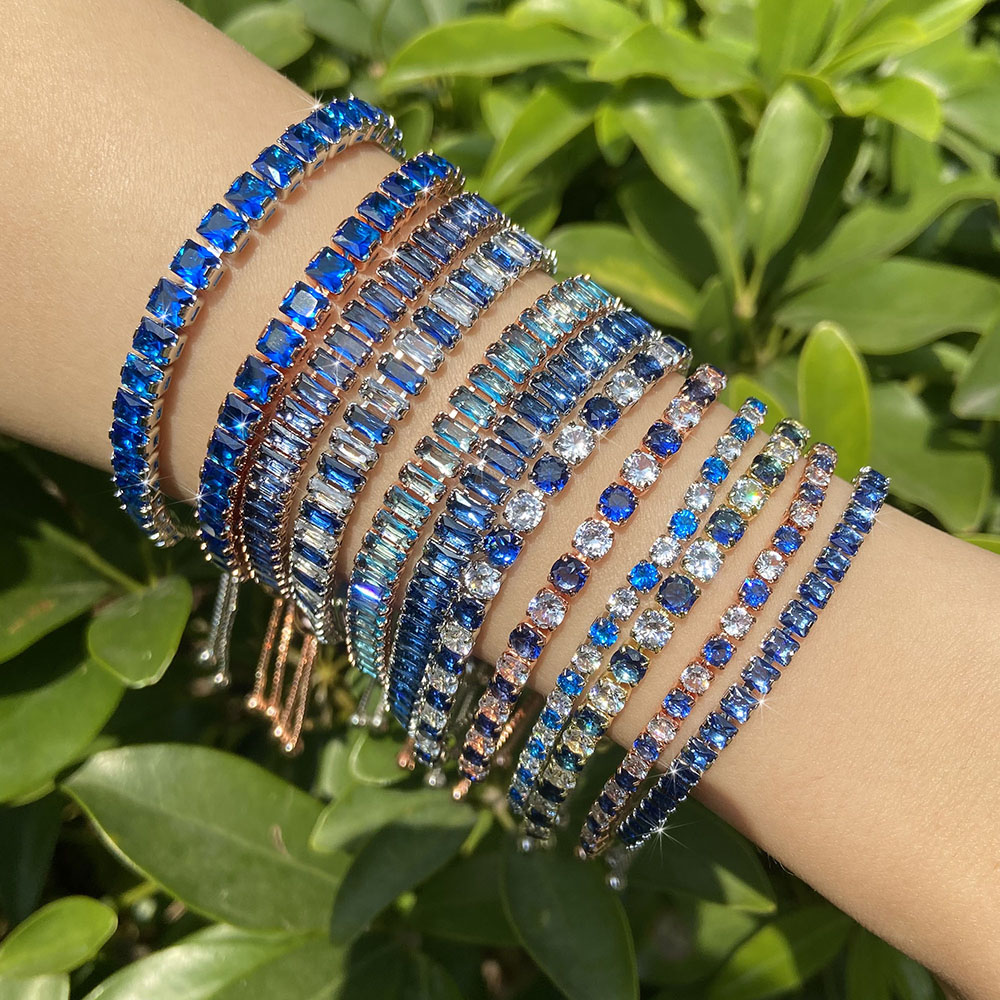 Pulseras de tenis ajustables para mujer, cadena de cristal de circonia brillante azul en la mano, pulsera con dijes para mujer, joyería de tendencia, para niña