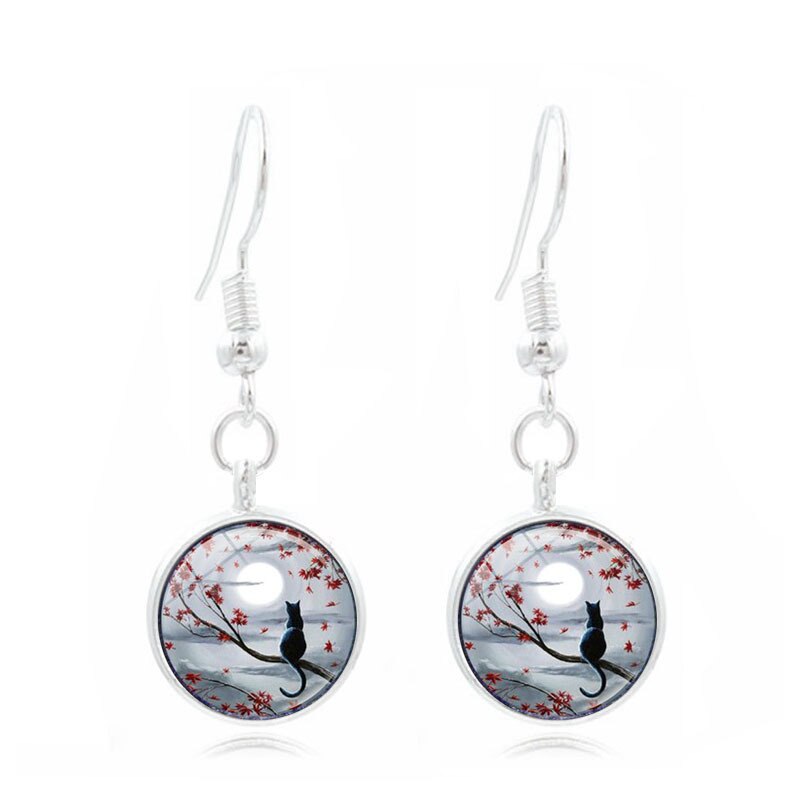 Maan En Kat Art Foto Sieraden Set Cabochon Glas Hanger Ketting Oorbel Armband Totaal 4 Stuks Voor Vrouwen Mode party