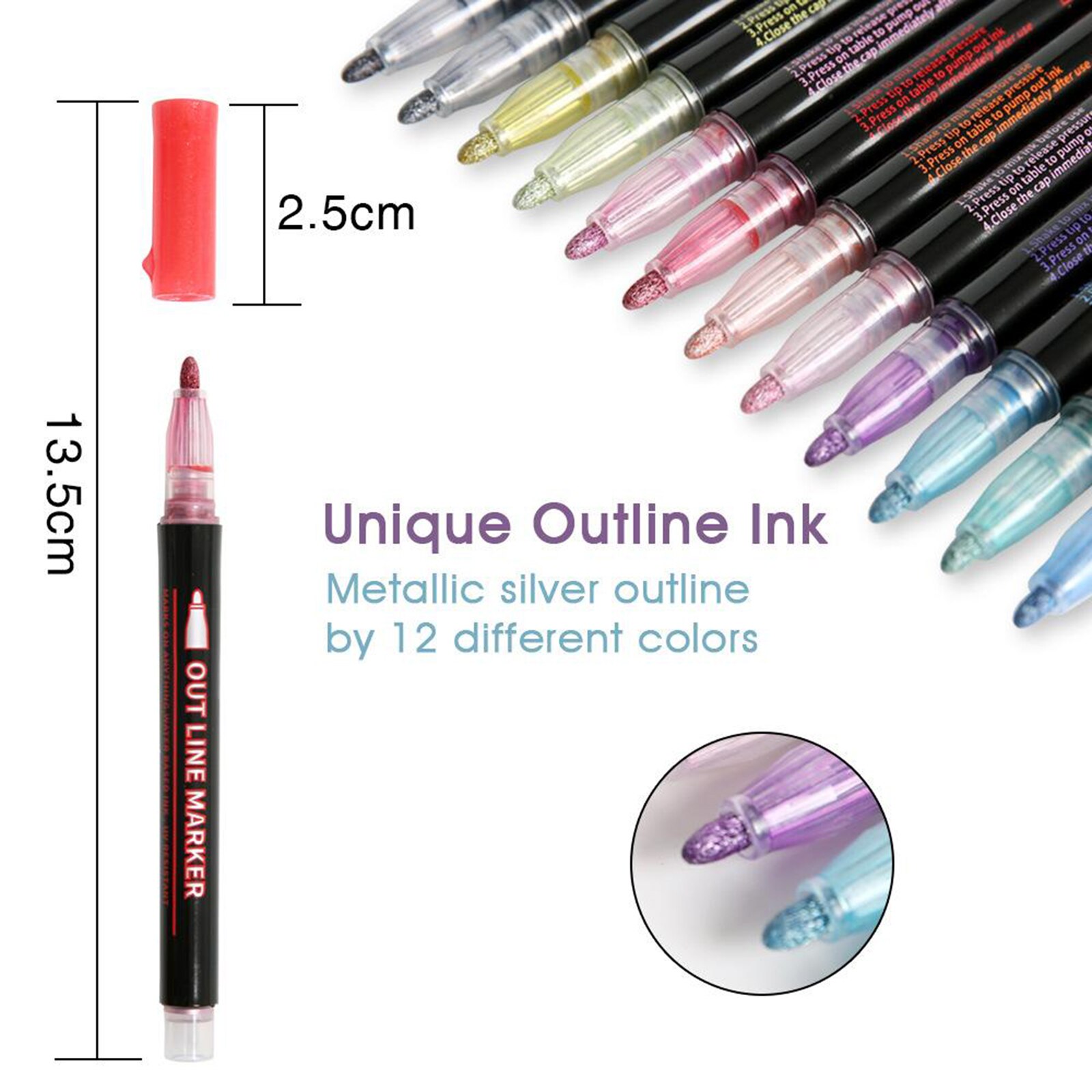 12 Colors Metallic Outline Markers Pens for Card diy, Permanent Markers Pen