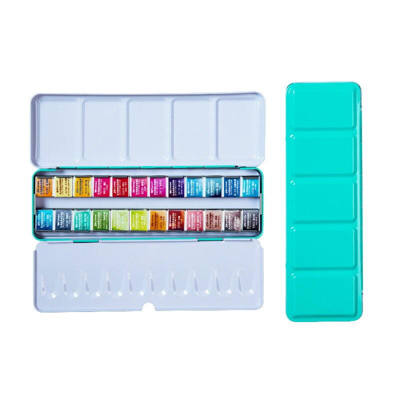 Conjunto de pinturas de acuarela sólidas, caja de lata de pigmento de color agua para suministros de arte, 12/24/36/48 colores: 24 colors blue