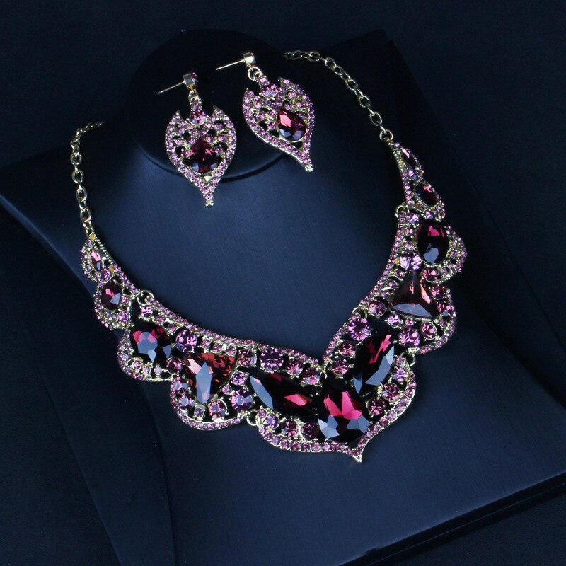 Bohemian Jewelry Sets Wedding Crystal Water Bridal Gold Color Necklace Earrings Women Party Rhinestone Jewelry Sets