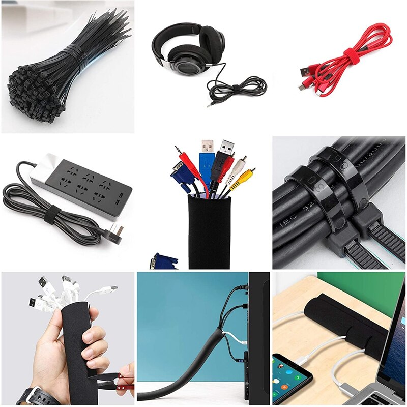 126Pcs Cord Management Organizer Kit Cable Sleeve with Zipper Cable Management Sleeve for TV Office Home Etc (Black)