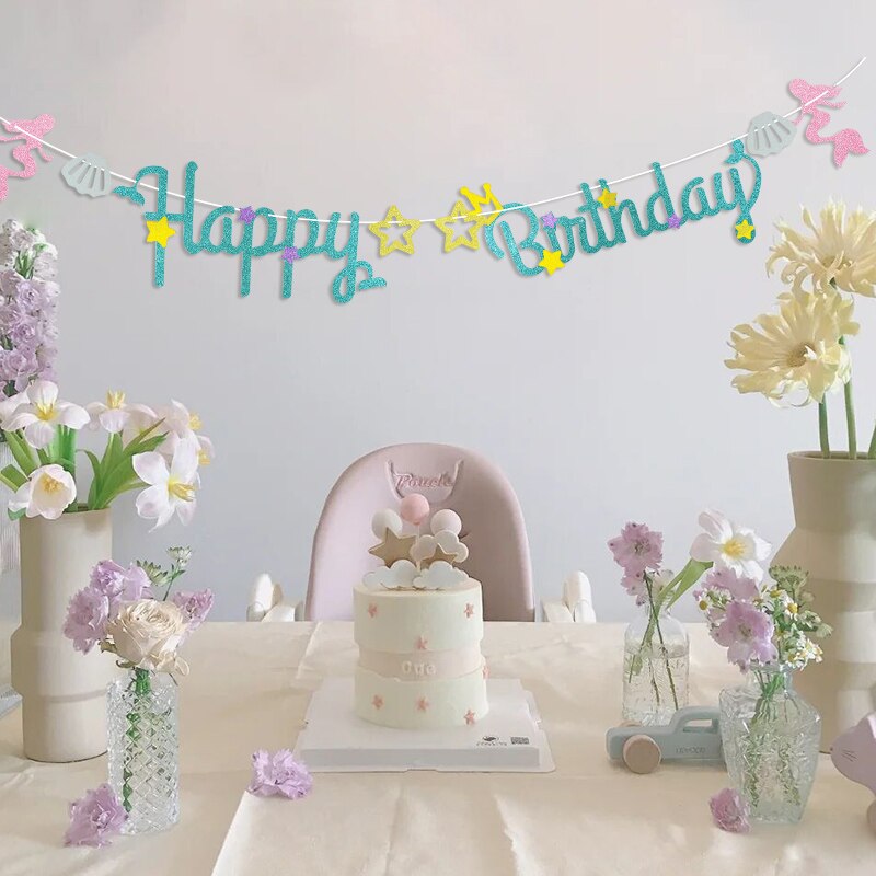 1Set Mermaid Banner DIY Kid Adult Birthday Party Decor Bunting Hanging Garland Mermaid Tail Shell Paper Flag Baby Shower Supplie