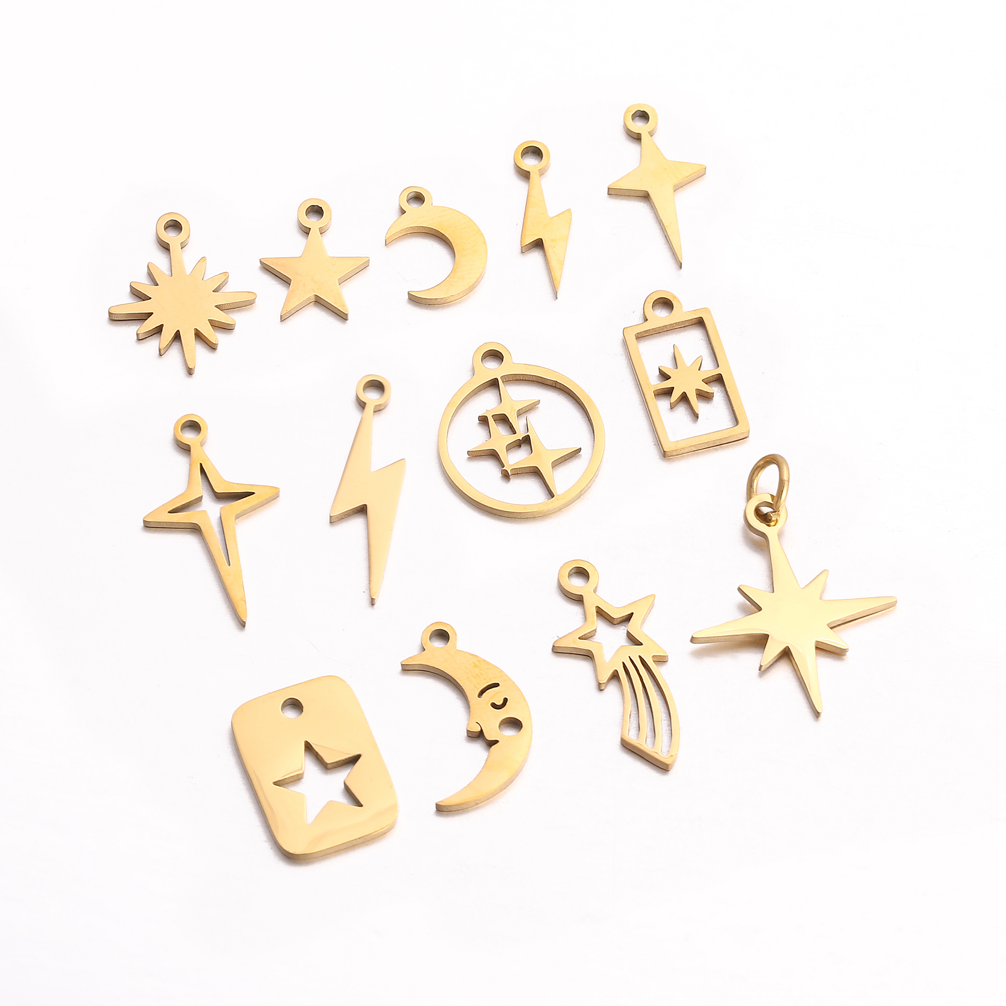 Lote de 5 unidades de Mini dijes de estrella Celestial, colgante de pentagrama/estral/Meteor/luna de acero inoxidable DIY para pendientes, pulseras, fabricación de joyas