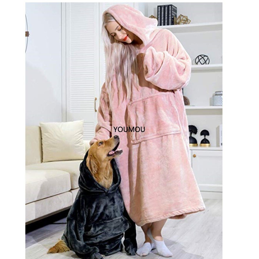 Super Long Oversized Blanket HoodieWinter Hooded Wearable Family TV Blanket with Sleeves Thicken Sherpa Fleece Hoody Sweatshirt