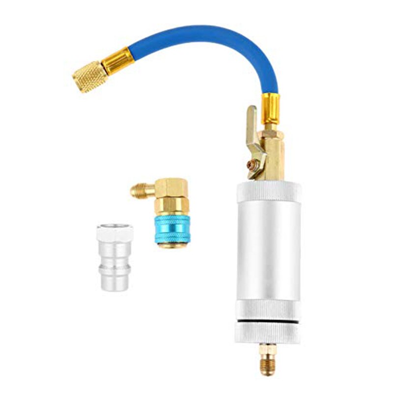 Compresor R134A, eyector de tinte de aceite, 1/4 pulgadas, SAE macho y hembra, doble cabezal, refrigeración, aire, aceite acondicionador, cilindro de llenado R
