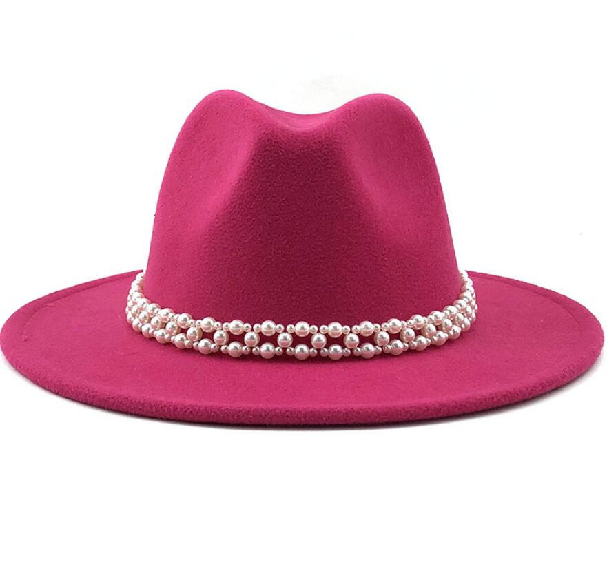 Women Wool Fedora Hat with Imitation Pearl Ribbon Gentleman Lady Winter Autumn Wide Brim Church Girl Jazz Cap: WYH-4957-6