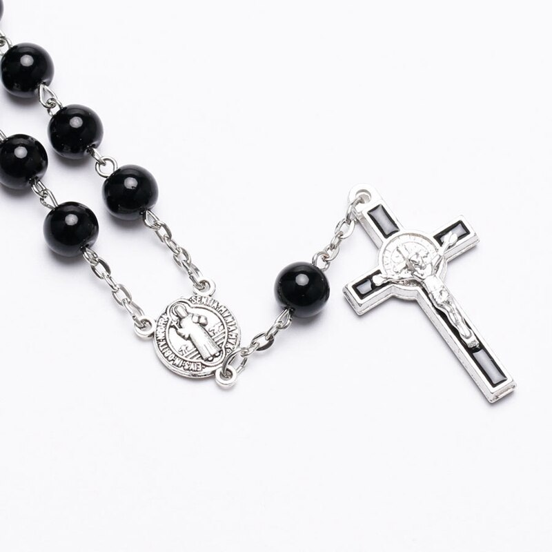 Pulsera de esmalte con cruz de Jesús para hombres, brazalete de cuentas negras con conectores de San Benito, para de Navidad