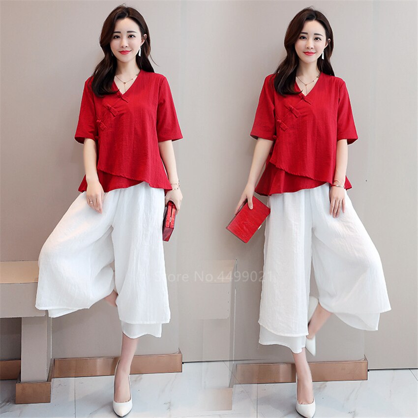Summer Women Chinese Tai Chi Uniform Traditional Retro Casual Yoga Zen Short Sleeve Woman Blouse Trousers Solid Hanfu Tea Set
