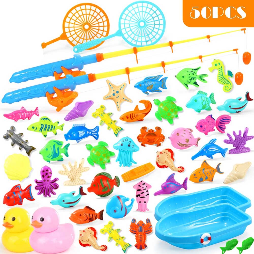 15-68PCS Kids Magnetic Fishing Toy Set Baby Water Toys with Inflatable Pool Magnet Fishing Rod Classic Toys for Children: 50pcs set