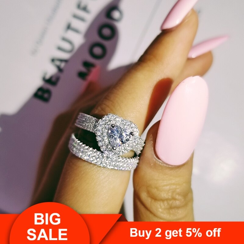 original 925 sterling silver heart cut zircon wedding ring set for women bride engagement Jewelry Band eternity nigeria R4864