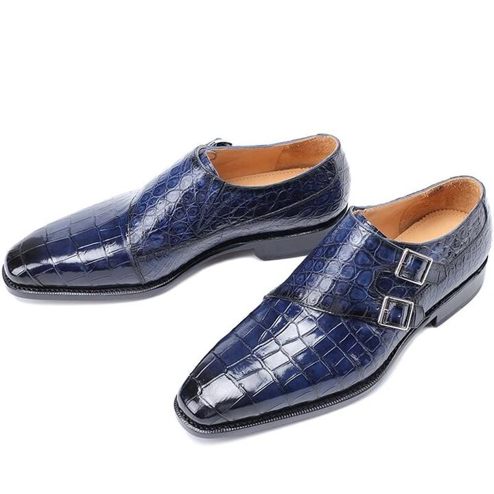 Heren krokodillenleren schoenen met lage hak, gesp, brogue schoenen, enkellaarsjes, vintage, klassiek, mannelijk, casual  f59: Blauw / 46