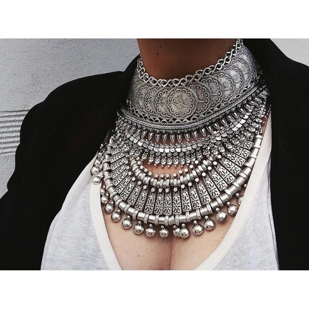 Gypsy Boehmian Hippie Kraag Kettingen voor Vrouwen Grote Dikke Tibetaans Zilveren Metalen Ketting Festival Turkse Partij Sieraden Cadeau