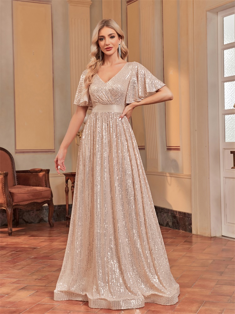 Lucyinlove Plus Size Luxe V-Hals Korte Mouwen Formele Avondjurk Vrouwen Pailletten Huwelijksfeest Prom Maxi Cocktail Jurk Jurk: Champagne / 12