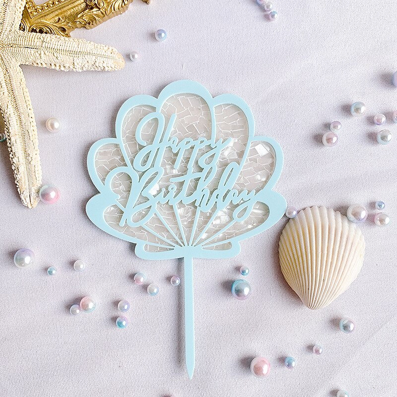 Acrylic Ocean Series Shell Happy Birthday Cake Topper Candy Bar Baby Shower Kids Party Decoration Supplies Cake Toppers: Blue