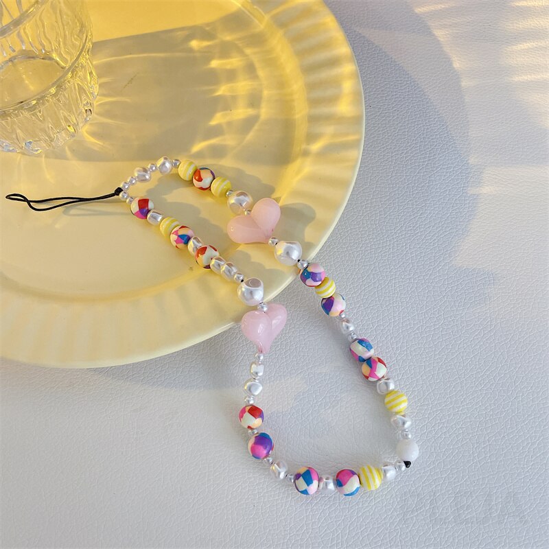 Mode Liefde Hart Mobiele Telefoon Riemen Voor Iphone 11 12 13 Pro Max Armband Hanger Leuke Sleutelhanger Ornament Parel Hand touw Ketting: DS346-3