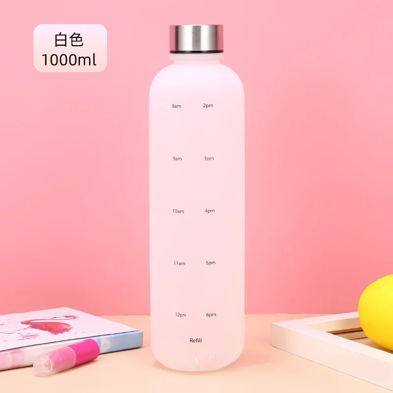 1L Waterfles met Tijdstempel BPA Gratis Herbruikbare Fitness Sport Outdoor Reizen Lekvrij Water Cup Frosted Ketel: Black