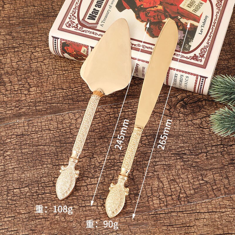 Juego de pala y cuchillo dorados para hornear, juego de cubiertos dorados con mango hueco para Pizza, pastel, postre, de cumpleaños y boda: c