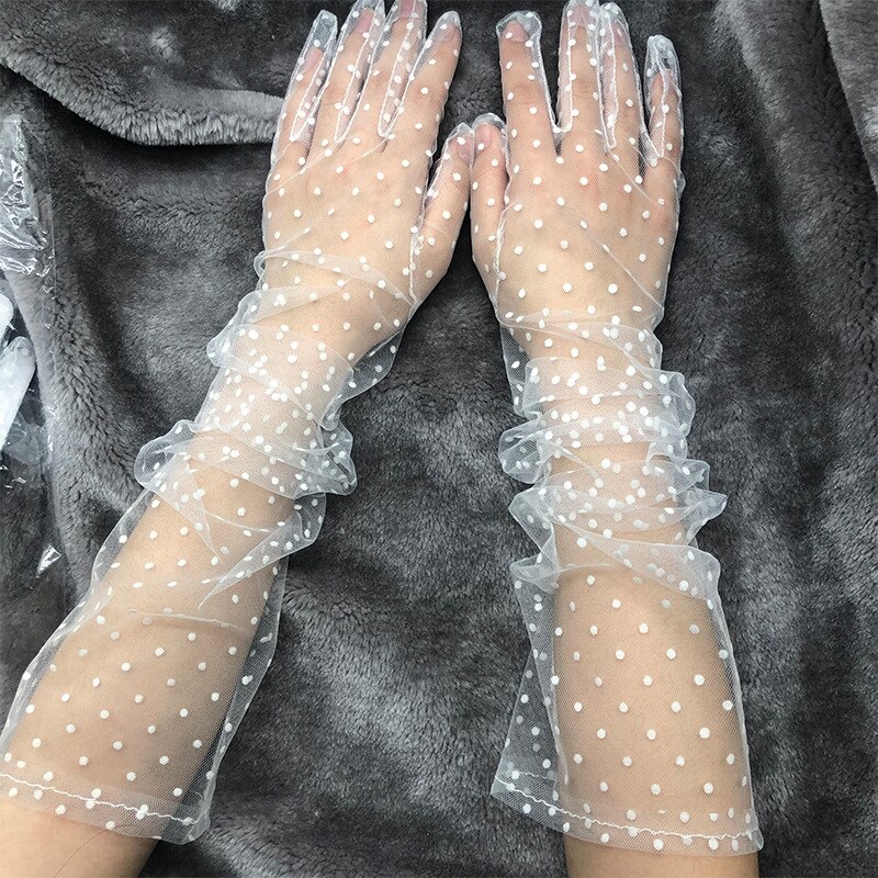 Gants en Tulle pour femmes, 1 paire, transparents, courts, imprimés à pois, noirs, blancs, en maille, pour soirée en Club, robe de danse,: E-60x8cm
