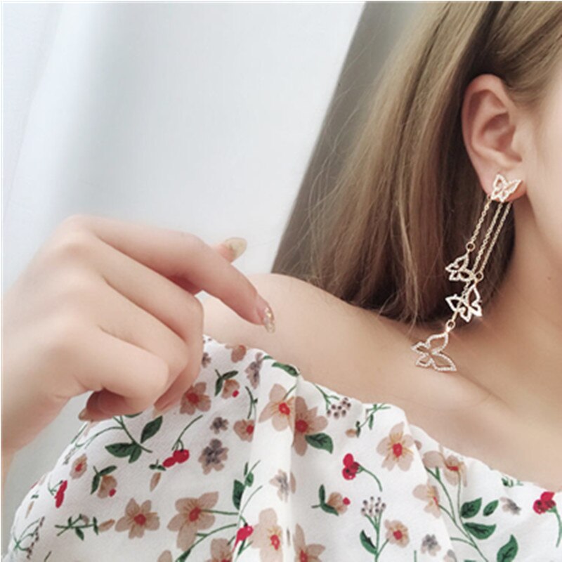 Women Butterfly Pendants Earrings Many layer Rhinestone Chain Lrregular Jackets Asymmetry Women&#39;s Butterfly Earrings