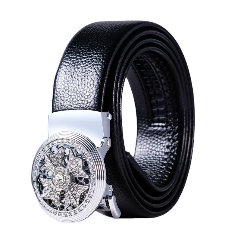 Cinturón de cuero con hebilla redonda automática para hombre, hebilla de con patrón de lichi, ideal para decorativos