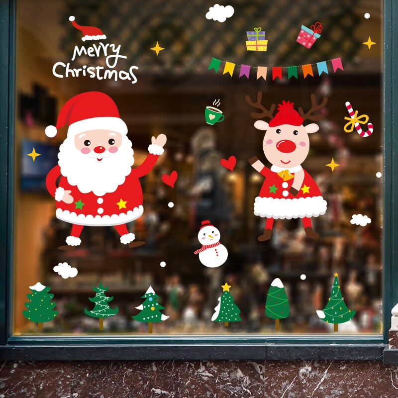 [shijuekongjian] Father Christmas Window Stickers DIY Deer Tree Wall Decals for Living Room Shop Glass Year Decoration